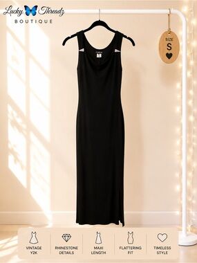 Vintage Y2K Bebe Black Maxi Dress S Crystal Strap Accent Formal Gown
